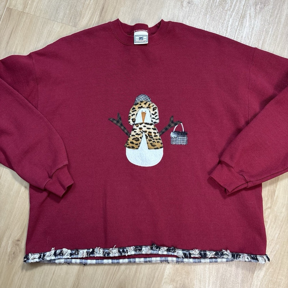 VTG Women's Red Snowman Shopping Sweatshirt XL Appliqué Embroidered 90s Boxy